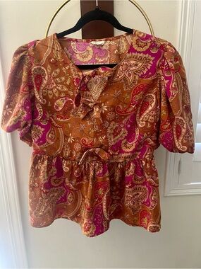 Cato Paisley Peplum Blouse in Rust and Magenta